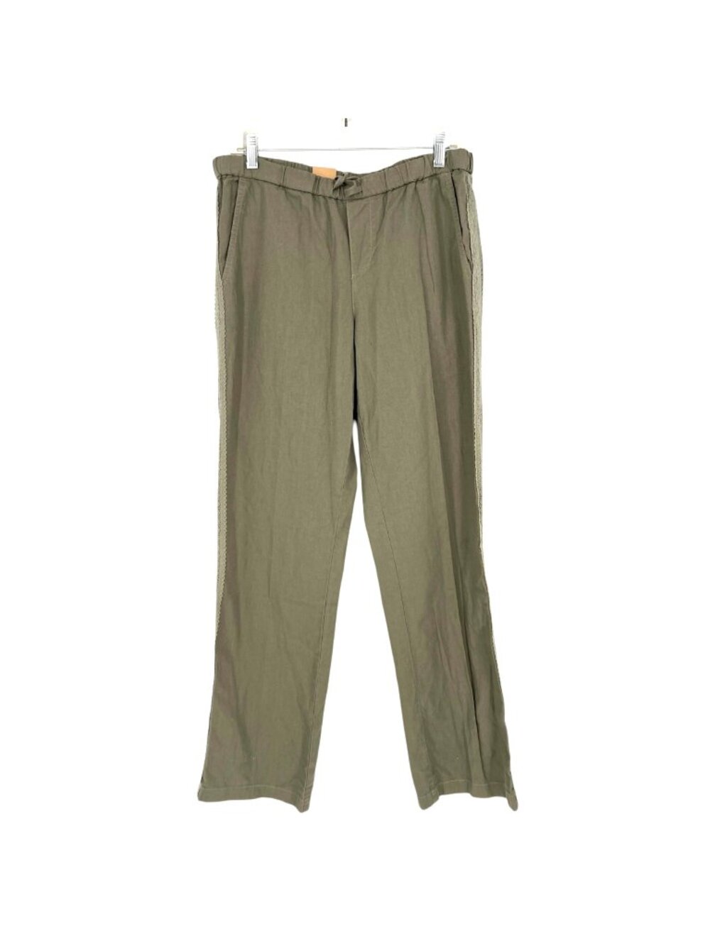 DKNY Jeans Linen Blend Pants Lace Side Trim Drawstring Olive Green Size Medium N